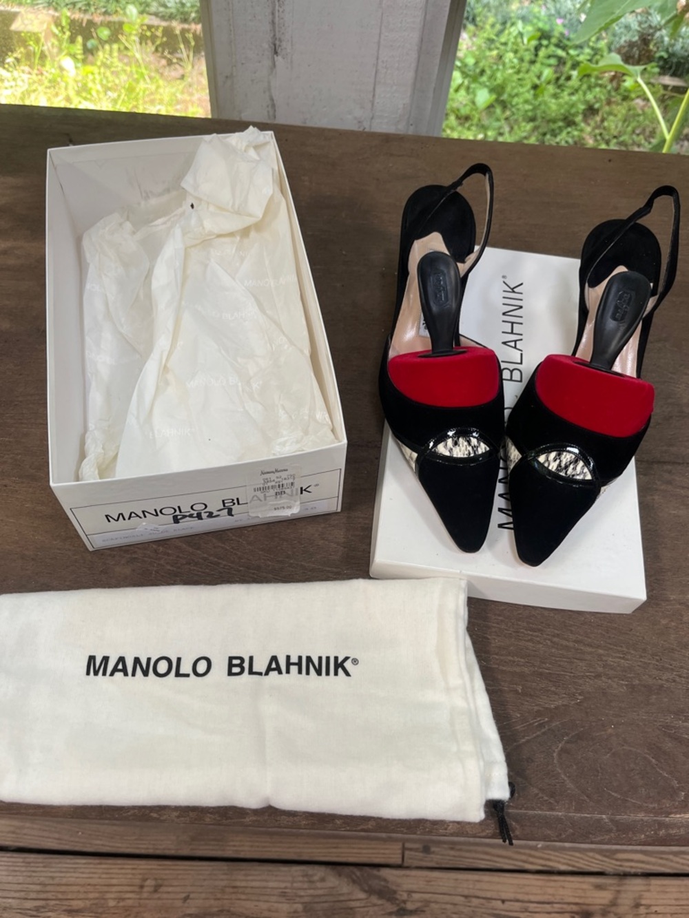 Manolo Blahnik Black Suede Pointed Toe Slingbacks with Snakeskin Accent